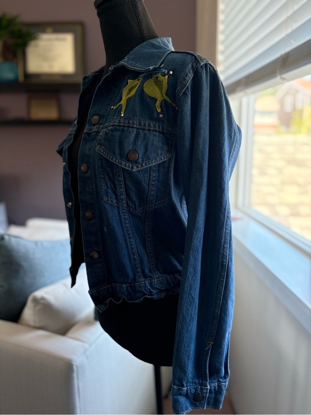 Embroidered Upcycled Dark Blue Denim Jacket w Snap Closure - Unique Handmade - Picture 4 of 14